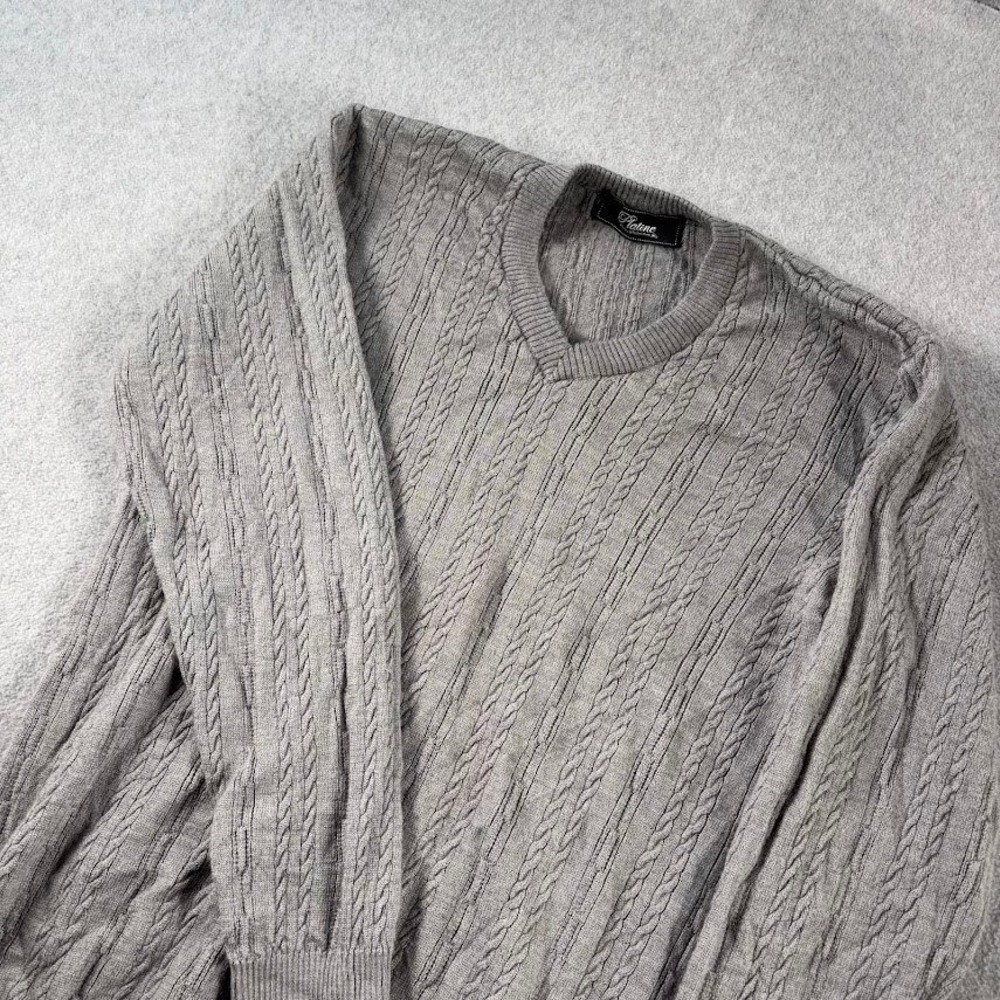 Platine V-Neck Sweater Mens 42 Gray Cable Knit Pure New Cash Wool Long Sleeve